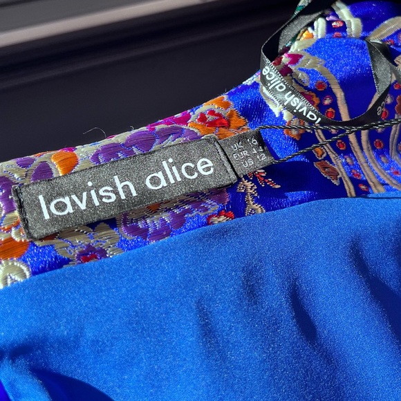 Lavish Alice: Jacquard Corset Embroidered Chinese Cobalt Wrap Mini Dress - Picture 10 of 13